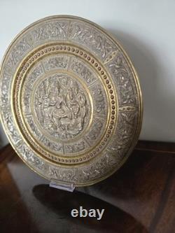 Large 13 Antique 19thC Indian Tanjore Plate Silver & Copper Swami Repoussé