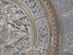 Large 13 Antique 19thC Indian Tanjore Plate Silver & Copper Swami Repoussé
