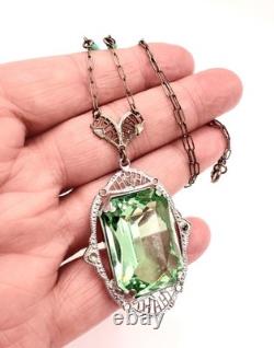 Large Art Deco UG Uranium Glass Rhodium Plated Filigree Necklace Vintage Jewelry