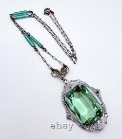Large Art Deco UG Uranium Glass Rhodium Plated Filigree Necklace Vintage Jewelry