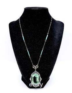 Large Art Deco UG Uranium Glass Rhodium Plated Filigree Necklace Vintage Jewelry