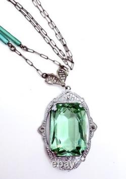 Large Art Deco UG Uranium Glass Rhodium Plated Filigree Necklace Vintage Jewelry