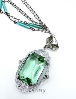 Large Art Deco UG Uranium Glass Rhodium Plated Filigree Necklace Vintage Jewelry