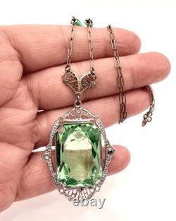 Large Art Deco UG Uranium Glass Rhodium Plated Filigree Necklace Vintage Jewelry