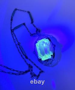 Large Art Deco UG Uranium Glass Rhodium Plated Filigree Necklace Vintage Jewelry