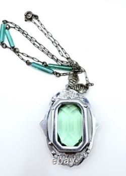 Large Art Deco UG Uranium Glass Rhodium Plated Filigree Necklace Vintage Jewelry