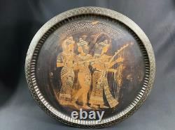 Large Copper Carved Plate Inlaid Silver with Trio of Musicians Egypt Large Copper Carved Plate Inlaid Silver with Trio of Musicians Egypt