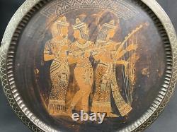 Large Copper Carved Plate Inlaid Silver with Trio of Musicians Egypt Large Copper Carved Plate Inlaid Silver with Trio of Musicians Egypt