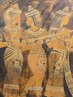Large Copper Carved Plate Inlaid Silver with Trio of Musicians Egypt Large Copper Carved Plate Inlaid Silver with Trio of Musicians Egypt