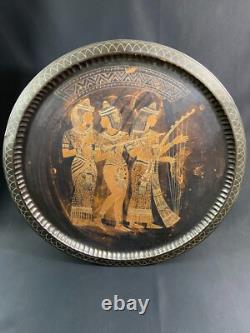 Large Copper Carved Plate Inlaid Silver with Trio of Musicians Egypt Large Copper Carved Plate Inlaid Silver with Trio of Musicians Egypt