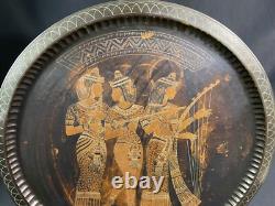 Large Copper Carved Plate Inlaid Silver with Trio of Musicians Egypt Large Copper Carved Plate Inlaid Silver with Trio of Musicians Egypt