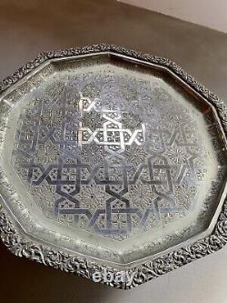 Large Old Moroccan Hand Crafted Silver Plate Round Table Tray with Makers Stamp