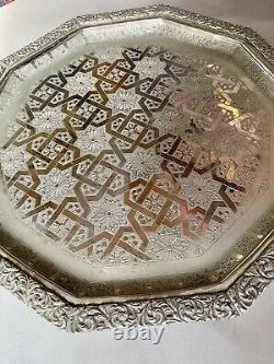 Large Old Moroccan Hand Crafted Silver Plate Round Table Tray with Makers Stamp