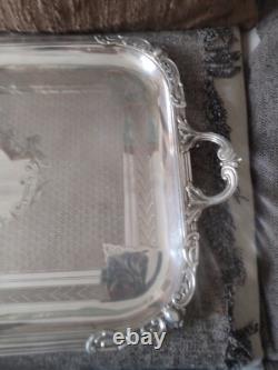 Large Ruolz Silver Plated Tray Louis XV Leaf Decor Fluted Cartouches