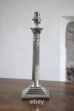 Large Silver Plated Corinthian Column Table Lamp, Mid 19th Century Antique Lamps