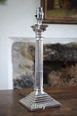 Large Silver Plated Corinthian Column Table Lamp, Mid 19th Century Antique Lamps