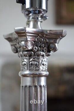 Large Silver Plated Corinthian Column Table Lamp, Mid 19th Century Antique Lamps