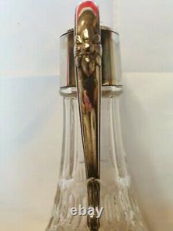 Large Vintage Cut Glass Pitcher / Decanter Silver Plated Engraved LID & Handle