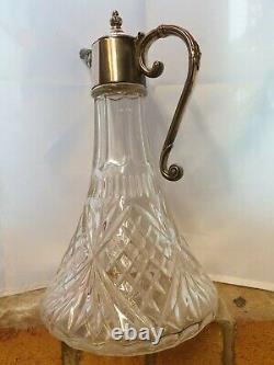 Large Vintage Cut Glass Pitcher / Decanter Silver Plated Engraved LID & Handle