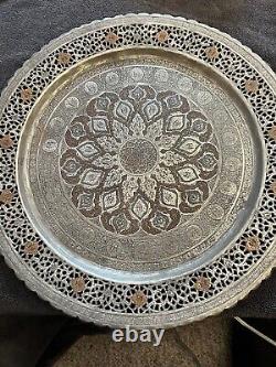Large Vintage Indo-Islamic Persian Lotus Copper /Silver Metal 16 Plate/ Tray