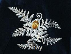 MAGNIFICENT ANTIQUE SILVER PLATED SCOTTISH FERN BROOCH or KILT PIN WITH CITRINE