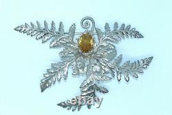 MAGNIFICENT ANTIQUE SILVER PLATED SCOTTISH FERN BROOCH or KILT PIN WITH CITRINE