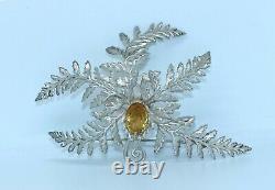 MAGNIFICENT ANTIQUE SILVER PLATED SCOTTISH FERN BROOCH or KILT PIN WITH CITRINE