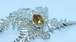 MAGNIFICENT ANTIQUE SILVER PLATED SCOTTISH FERN BROOCH or KILT PIN WITH CITRINE