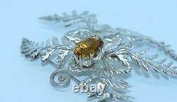 MAGNIFICENT ANTIQUE SILVER PLATED SCOTTISH FERN BROOCH or KILT PIN WITH CITRINE