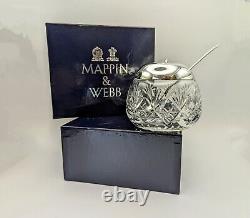 MAPPIN & WEBB Glass Crystal Silver-Plated Sugar Jam Pot Dish Spoon Original Box