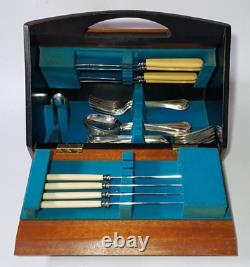 MID Century Teak Cutlery Canteen Silver Plated & Resin Faux Bone