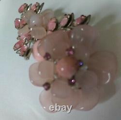 MIRIAM HASKELL Gripoix Rose Glass Bead and Pink Rhinestone Flower Brooch Pin