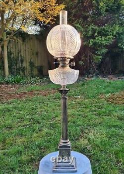 Magnificent 3 Foot Silver Plated Heavy Cut Glass Oil Lamp Walker & Hall Shade