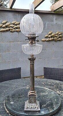 Magnificent 3 Foot Silver Plated Heavy Cut Glass Oil Lamp Walker & Hall Shade