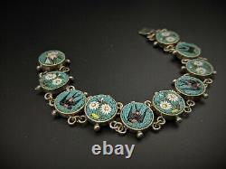 Micro Mosaic Silver Bracelet, Antique Victorian Swift Swallow Bird Daisy Italy