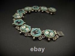 Micro Mosaic Silver Bracelet, Antique Victorian Swift Swallow Bird Daisy Italy