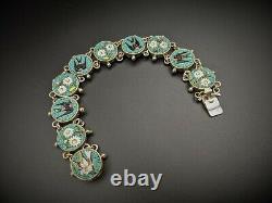 Micro Mosaic Silver Bracelet, Antique Victorian Swift Swallow Bird Daisy Italy