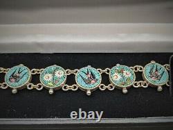 Micro Mosaic Silver Bracelet, Antique Victorian Swift Swallow Bird Daisy Italy