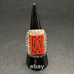 Mid-Century Chinese Export Cinnabar-Style Adjustable Ring Silver-Plated Filigree