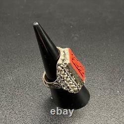 Mid-Century Chinese Export Cinnabar-Style Adjustable Ring Silver-Plated Filigree