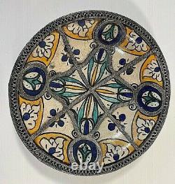 Moroccan Footed Ceramic Plate/Bowl with Silver Nickel Filigree Fez Antique/VTG