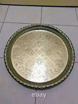 Moroccan Handmade Serving Brass Tea Tray Table, silver plate 1920