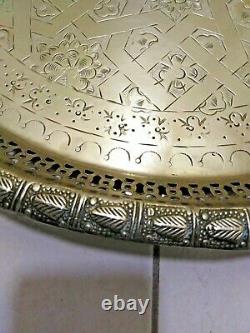 Moroccan Handmade Serving Brass Tea Tray Table, silver plate 1920