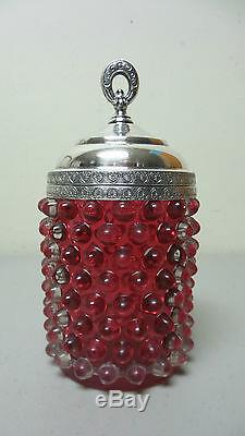 NICE 19th C. CRANBERRY HOBNAIL GLASS PICKLE CASTOR MERIDEN SILVER PLATE STAND