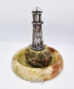 NOVELTY ART DECO SILVER PLATED LIGHTHOUSE TABLE LIGHTER & ASHTRAY c1935