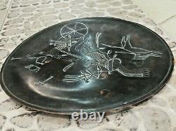 Old Antique Rare Engraved Silver Work Man Hunting Wall Art Hanging Copper Plate