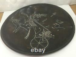 Old Antique Rare Engraved Silver Work Man Hunting Wall Art Hanging Copper Plate