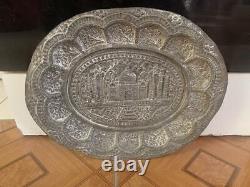 Old Antique Vintage Brass Handmade Taj Mahal Embossed Decorative Plate Tray Wall