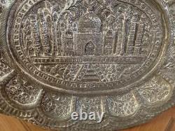 Old Antique Vintage Brass Handmade Taj Mahal Embossed Decorative Plate Tray Wall