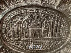 Old Antique Vintage Brass Handmade Taj Mahal Embossed Decorative Plate Tray Wall